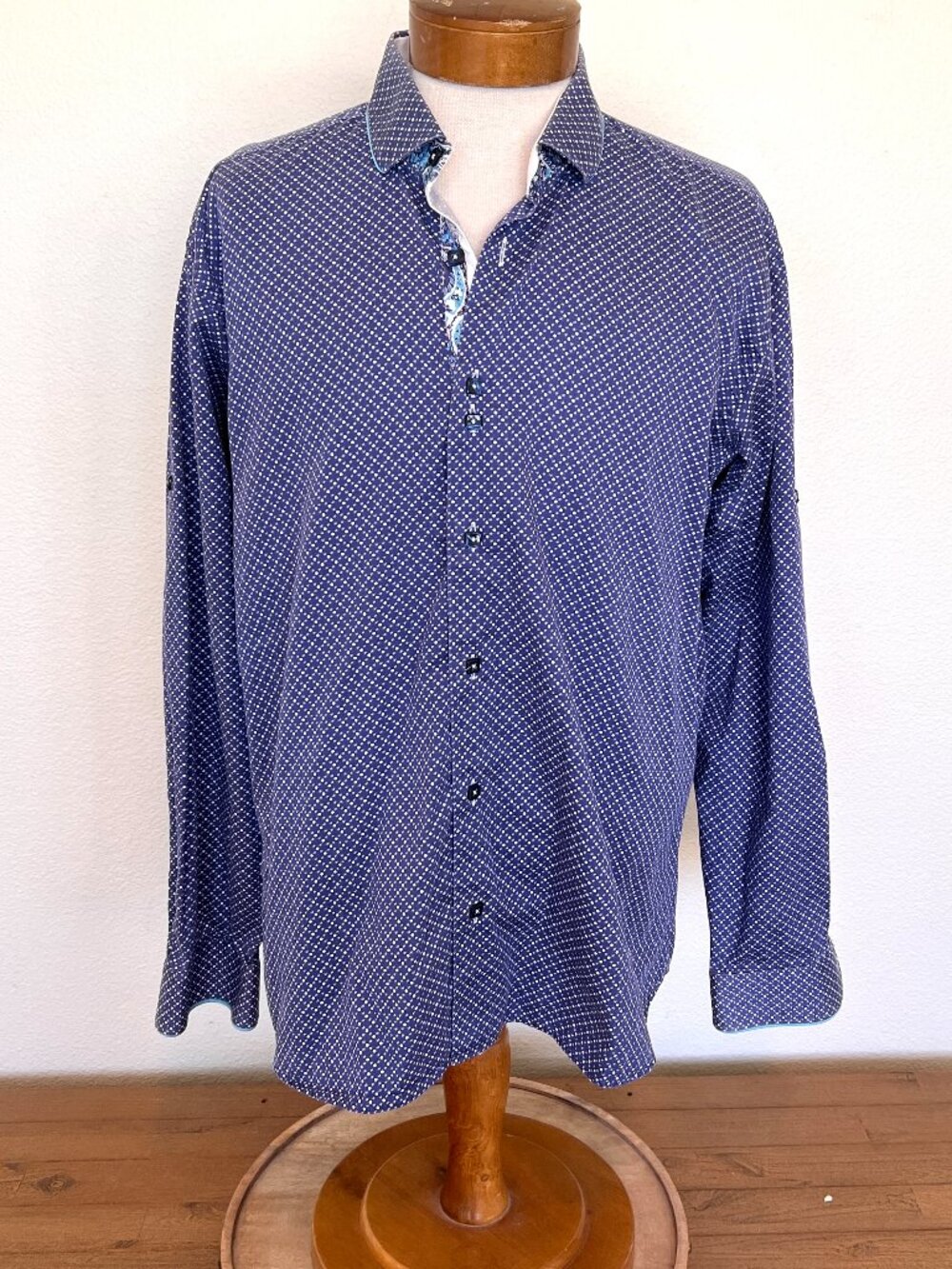 Maceoo / Blue Geometric Button-Up Shirt | Roll-Tab Sleeves | Size XL